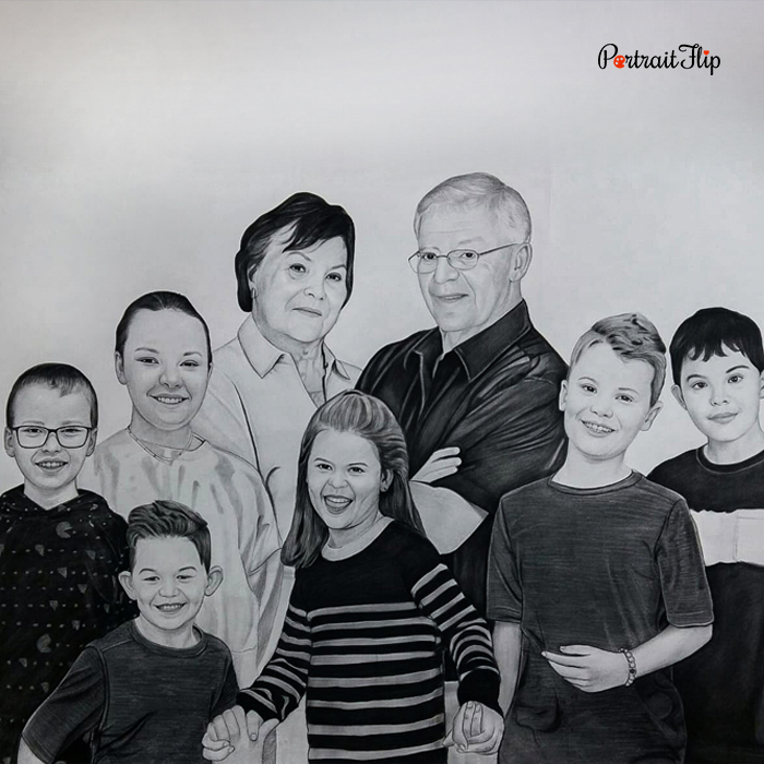 Pencil drawing of grandparents with six grandchildren